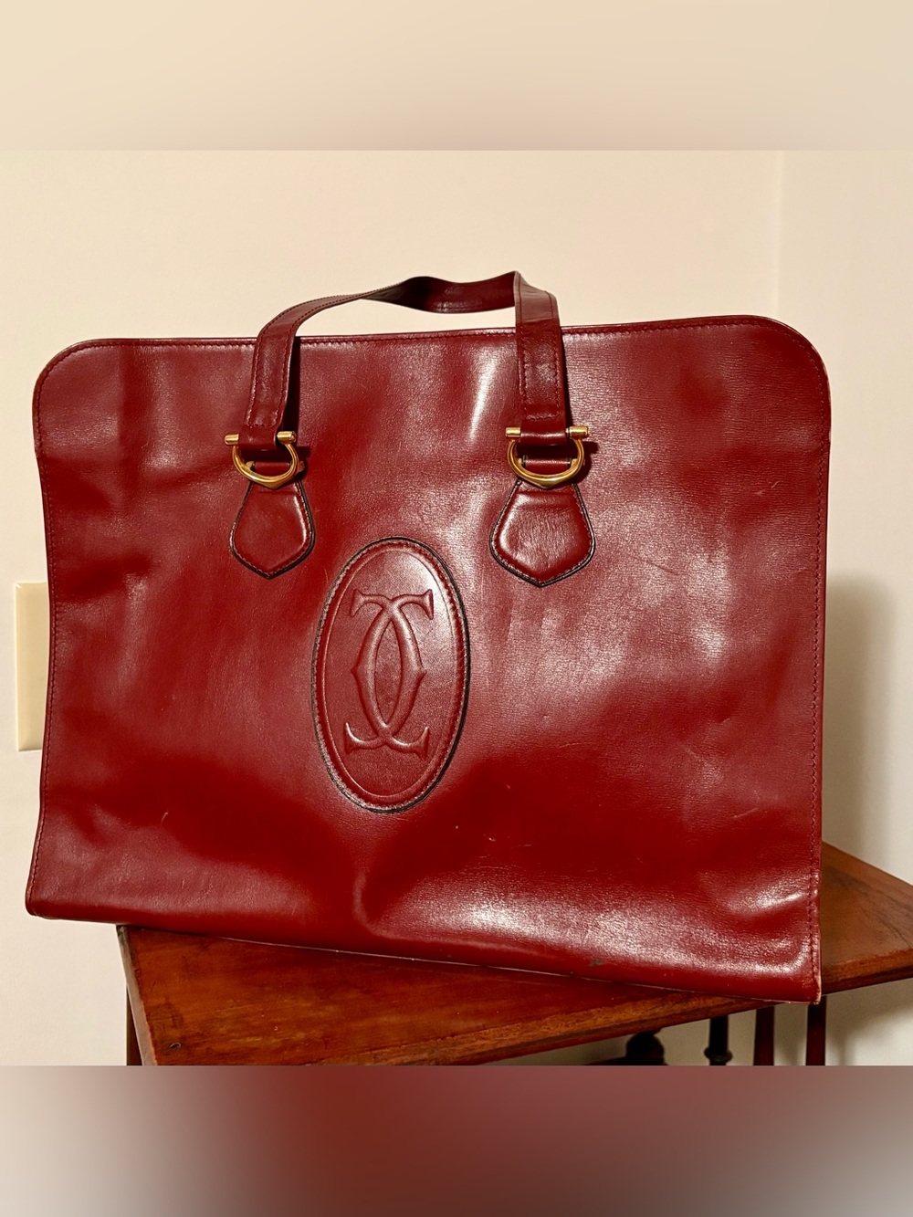 Vintage 1970s Les Must de Cartier Bordeaux Leather Tote Bag Double C Paris